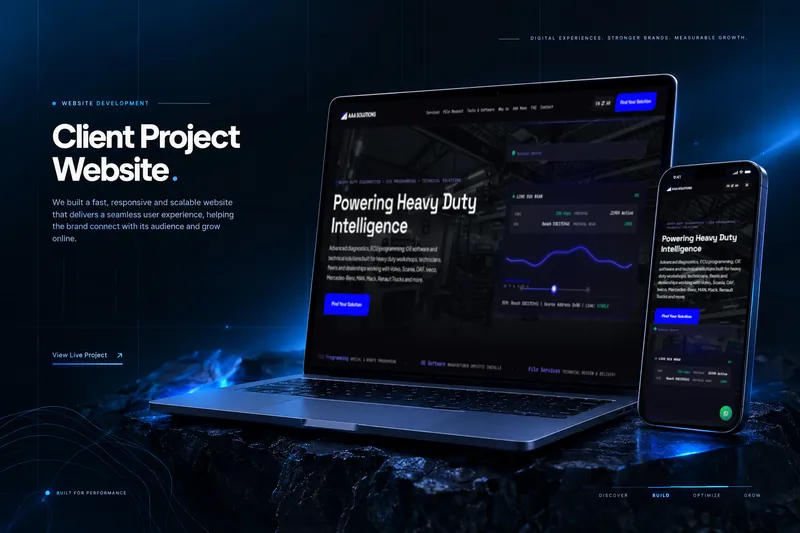AAA Solutions website shown on a laptop and a phone, with the headline Powering Heavy Duty Intelligence.