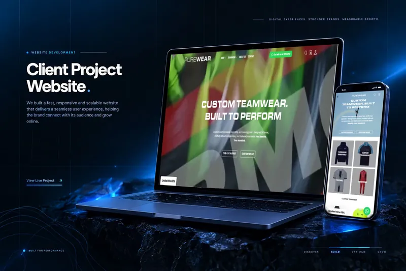 Purewear website shown on a laptop and a phone, with the headline Custom Teamwear. Built to Perform.